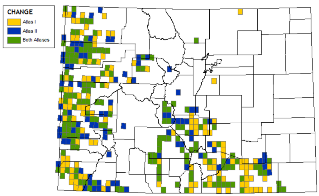 Map of colorado with colored squares showing where Pinyon Jays were detected in the First and Second Colorado Breeding Birds Atlases.