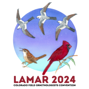 Circular graphic with three Mississippi Kites, a Rock Wren, and a Northern Cardinal.
